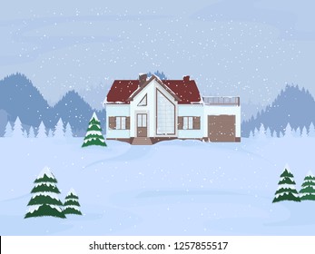 Vector illustration of suburban family house with mansard and firs against the winter landscape background and snowfall.