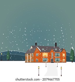 Vector illustration of suburban family house with mansard and firs against the winter landscape background and snowfall.