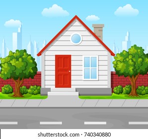 Vector illustration of Suburban house with tree and city background