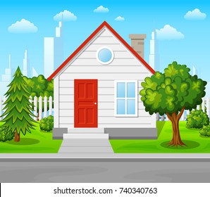 Vector illustration of Suburban house with trees and city background