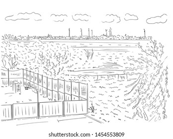 Vector illustration, suburban landscape with trees, houses and playground in black and white colors, outline hand painted drawing