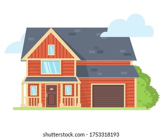 Vector Illustration Of A Suburban Siding House. Colorful Residential Cottage With Garage. Isolated On White Background. Rustic Building. Apartment In Country Style For Design Graphic And Web. 