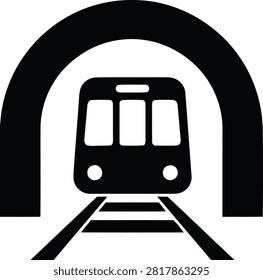 Vector illustration of a subway train icon emerging from a tunnel, representing public transportation, underground travel, and urban transit systems.