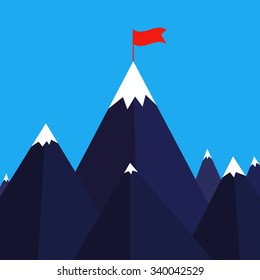 Vector illustration of success. Success business concept. Top of the mountain with red flag.