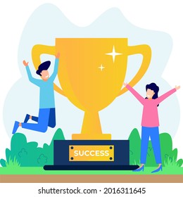 Vector illustration of success concept. The cartoon character celebrates success with a giant gold trophy. achievement, partnership, leadership. Career to success.