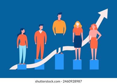 Vector Illustration of success experts team of five people standing in Rising Arrow 