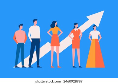 Vector Illustration of success experts team of five people standing in Rising Arrow 