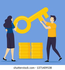 Vector illustration, success key with golden coins, move up motivation, the path to the target's achievement