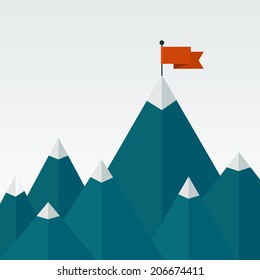 Vector illustration of success - top of the mountain with red flag. Flat illustration of a victory, goal achievement, getting things done.