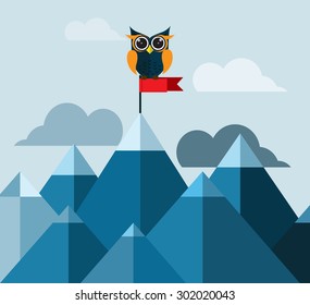 Vector illustration of success - top of the mountain with red flag. Flat illustration of a victory, goal achievement, getting things done.