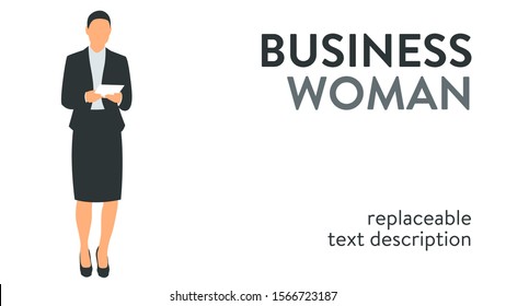 Vector illustration of a successful and beautiful business woman in a suit standing with documents in her hands. Poster with text placeholder and description