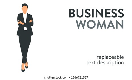 Vector illustration of a successful and beautiful businesswoman in a suit standing with arms crossed. Poster with text placeholder and description