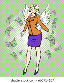 Vector illustration of successful business lady with wings on the back in retro pop art comic style.