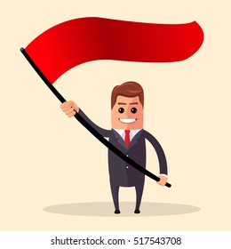 Vector illustration. Successful business man. Businessman standing with red flag.