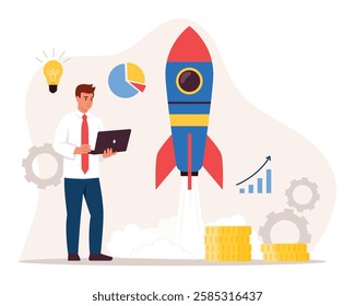 Vector illustration of a successful business startup. Cartoon scene of a businessman in a shirt, tie, pants, holding a laptop, a rocket, a stack of gold coins, a diagram, a graph, an idea light bulb.