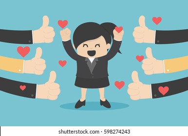 Vector illustration of a successful business woman many hands thumbs up