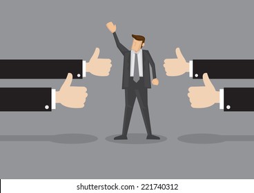 Vector illustration of a successful businessman acknowledging many thumbs up around him. Conceptual design for success and achievement