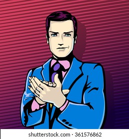 Vector illustration of successful businessman applause in vintage pop art comics style. Applause, clapping hands and positive feel. Gesture of smirk, grin. Concept of approve and admiration.Dress code