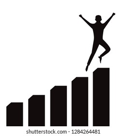 Vector illustration of successful businessman celebrating victory on top of graphic chart, black and white silhouette