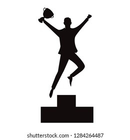Vector illustration of successful businessman celebrating victory on top winning podium, black and white silhouette