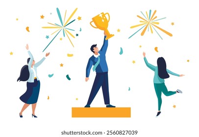 Vector illustration. Successful businessman celebrating victory and triumphing gold cup winners. Colleagues cheer for the winner.Best result is the winner, the prize. Sports, financial success, poster