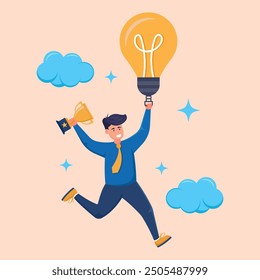Vector Illustration of a Successful Businessman with a Genius Idea. Flying Character Concept Carrying Trophy