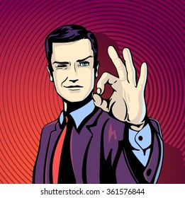 Vector illustration of successful businessman gives finger sign in vintage pop art comics style. Ok sign and positive feel. Gesture of smirk, grin. Concept of certain, secure, assured, reliant man