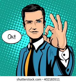 Vector illustration of successful businessman gives ok in vintage pop art comics style. Likes and positive feel. Gesture good, agree and smile.