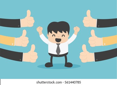 Vector illustration of a successful businessman  many hands thumbs up 