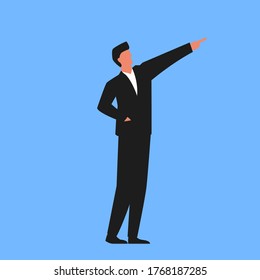 Vector illustration of a successful businessman pointing forward representing growth and success. Concept image of a confident man in a suit moving forward.