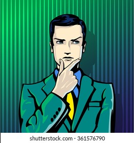 Vector illustration of successful businessman thinks in vintage pop art comics style. Gesture of thinking process, inventing, coming up with new ideas, confusion