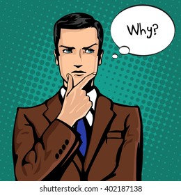 Vector illustration of successful businessman thinks in vintage pop art comics style. Likes and positive feel. Gesture good, agree and smile.