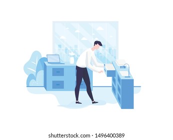 Vector Illustration Successful Businessman at Work Indoor Office. Busy Man Character Searching in Desk Box Information on Paper or Document. Interior Workplace Professional Manager Background.