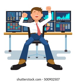 Vector illustration successful businessman young trader with hands raised sitting at trader desk in trader room with computer stock market graph diagram information isolated. Concept business success