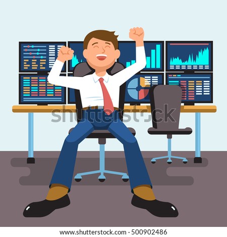 Vector illustration successful businessman young trader with hands raised sitting at trader desk in trader room with computer stock market graph diagram information isolated. Concept business success