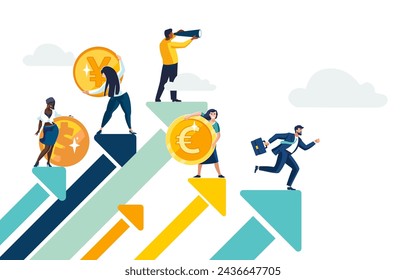 Vector illustration. Successful businessmen climb the arrow pointing upwards, achieving financial success and business development, dollar, yuan. European people, African Americans, teamwork. Spyglass