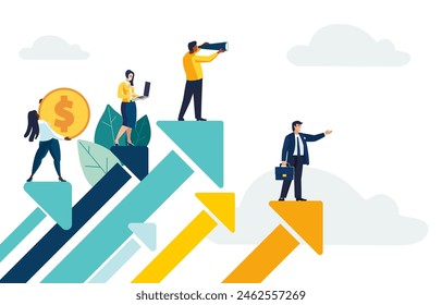 Vector illustration. Successful businessmen are climbing on an arrow pointing upwards, achieving success and successful business development.European people, African American people, teamwork.Spyglass