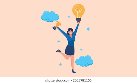 Vector Illustration of a Successful Businesswoman with a Genius Idea. Flying Character Concept Carrying Trophy