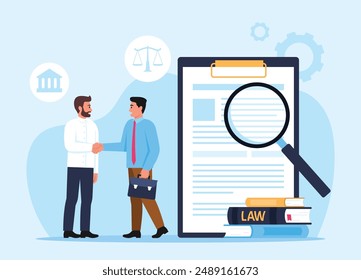 Vector illustration of successful contract conclusion.Cartoon scene of business partners shaking hands after concluding a contract,a tablet for papers,books with the writing - law,a magnifying glass.