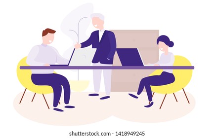Vector illustration of successful coworkers. Man and woman sitting on yellow chairs working laptops