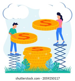 Vector illustration of successful entrepreneur. Growth of income and profit as a concept of financial progress. The upward symbolic arrow as salary, deposit or account money rises and wealth.