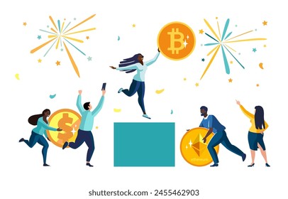 Vector illustration. Successful girl, businesswoman celebrating financial victory of gold bitcoin.People, African-American ethnic colleagues taking a selfie, with winner, money, dollar coins, ethereum