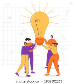 Vector illustration successful idea with people holds a light bulb. Creative idea flat design concept