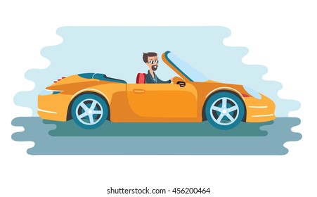 Vector illustration of successful man in glasses driving luxury yellow cabriolet type car