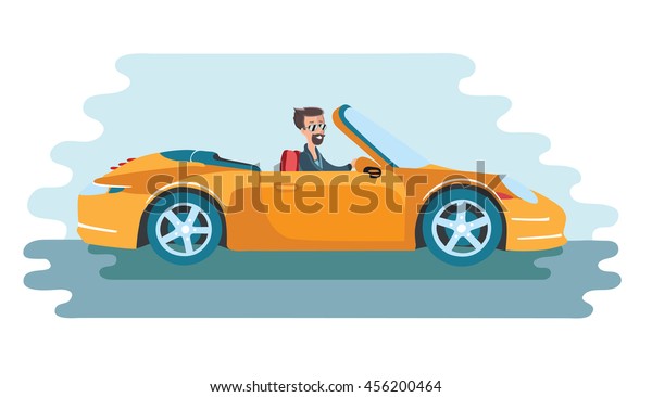 Vector illustration of successful man\
in glasses driving luxury yellow cabriolet type\
car
