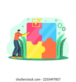 vector illustration of a successful man solving a big puzzle,a game of sharpening the brain and intelligence.flat design concept of education through toys,isolated,white background