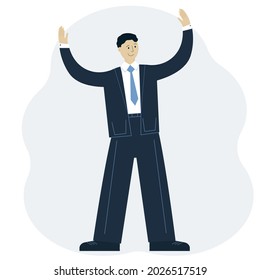 Vector illustration of a successful man in a suit with his hands up. Business achievement concept