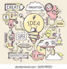 Vector illustration of successful model work of yellow light bulb with key word on a brown background. Retro color line art hand draw design for web, site, advertising, banner, poster, board, print.