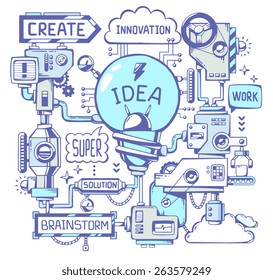 Vector illustration of successful model work of blue light bulb with ballpoint pen key word on a white background. Line art hand draw design for web, site, advertising, banner, poster, board, print.