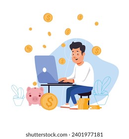 vector illustration of a successful person sitting in a chair looking at a computer surrounded by a cheerful atmosphere with gold coins around, financial symbols with a piggy bank